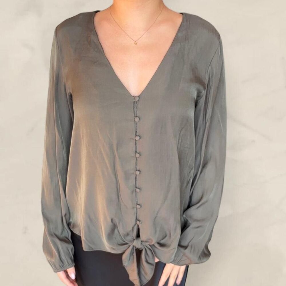 naked zebra tie front olive green blouse size medium